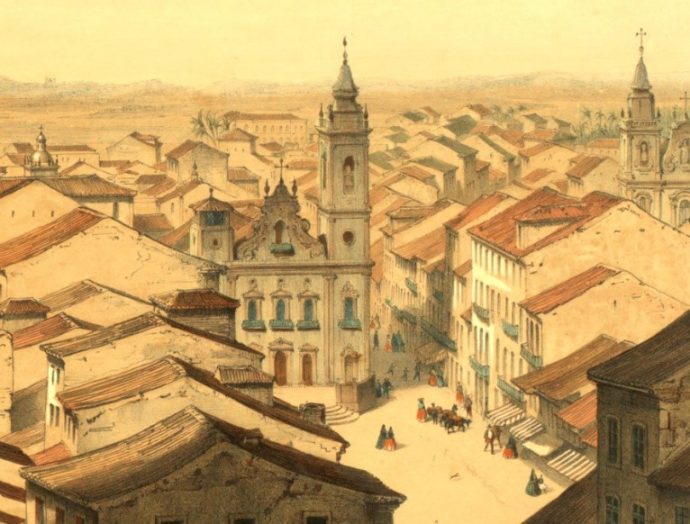 FIGURA 1 – Litografia aquarelada de Guesdon. Panorama da freguesia de São José por Frederick Hagedorn (1856). Diretoria de Documentação/CEHIBRA, Acervo da Fundação Joaquim Nabuco-Recife. Detalhe da obra que destaca a Igreja de São José do Ribamar.