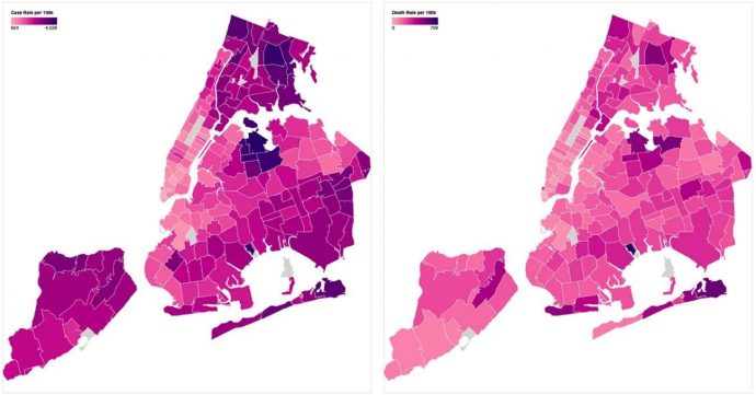 Taxa de casos de Covid-10 (esquerda) e taxa de mortalidade (direita) por 100 mil habitantes por código postal na cidade de Nova York, 1º de julho de 2020 (nyc.gov)