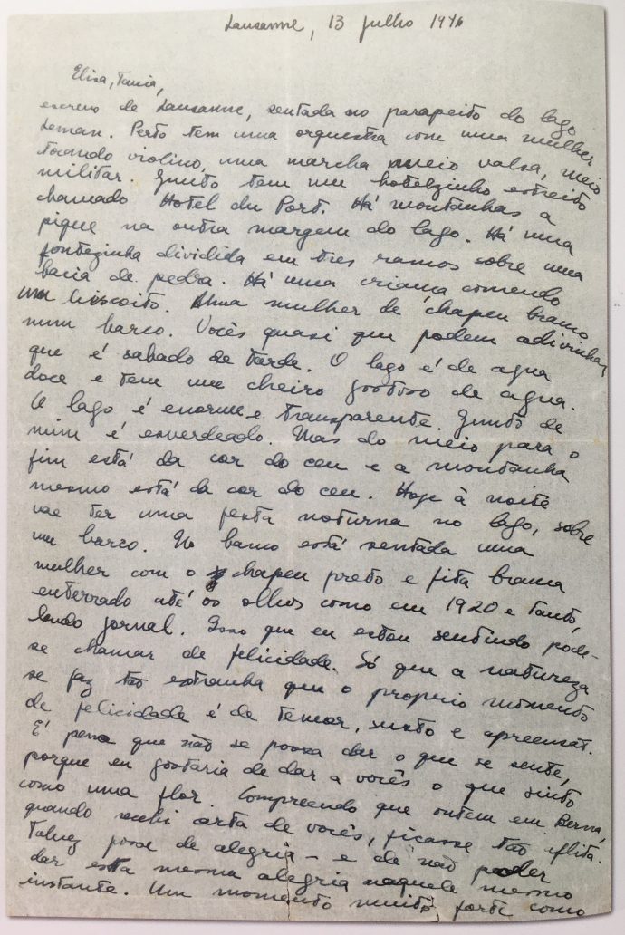 Carta de Clarice às irmãs, Elisa e Tânia. (Gotlib, Nádia Battella. Clarice Fotobiografia. 3ª ed. São Paulo: EdUSP, 2014.)